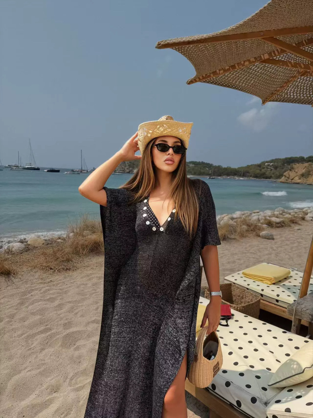 ZARA Black Knit Maxi Dress for Women Summer Beach Vacation Side Slit Slimming